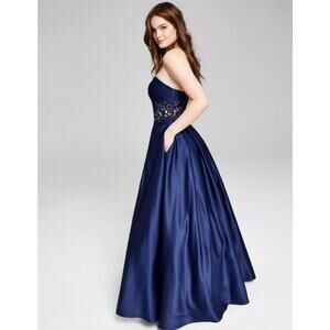 Blondie Nites Womens Juniors Blue  Sweetheart Neck Evening Gown Pockets Size 3